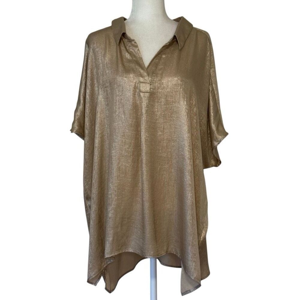 Susan Graver Foiled Gold Woven Blouse. Plus Size 3X. Great Condition!!